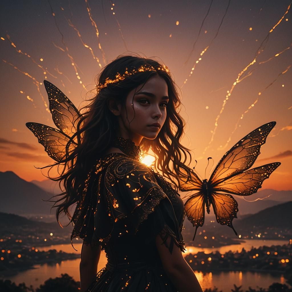 Sunset Silhouette with Fairy Lights in Fantasy Art