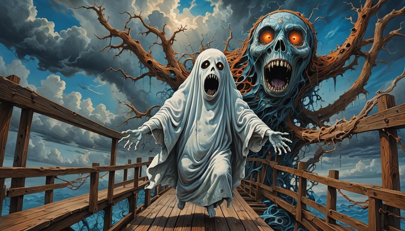 Emotive Ghost on Bridge in Surrealist Style