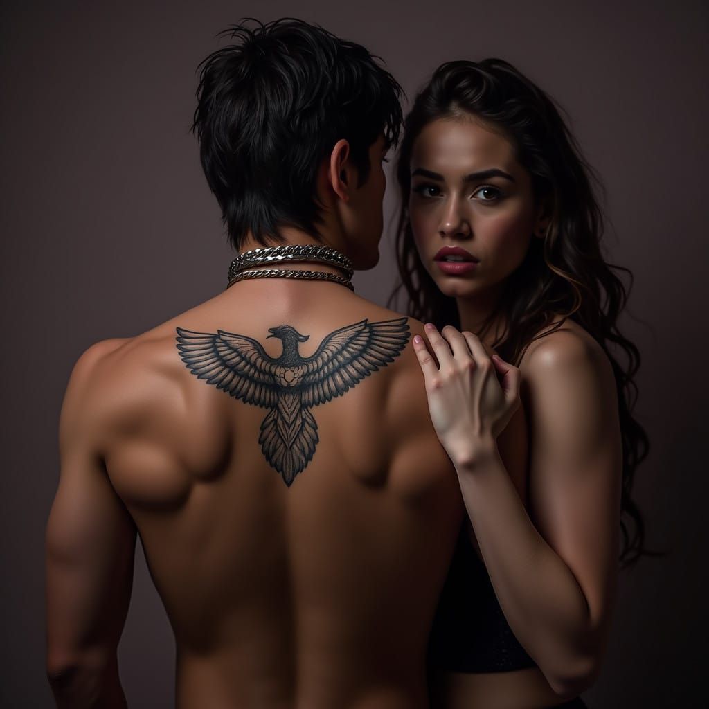 Strong Male Figure with Winged Tattoo and Intense Female Com...
