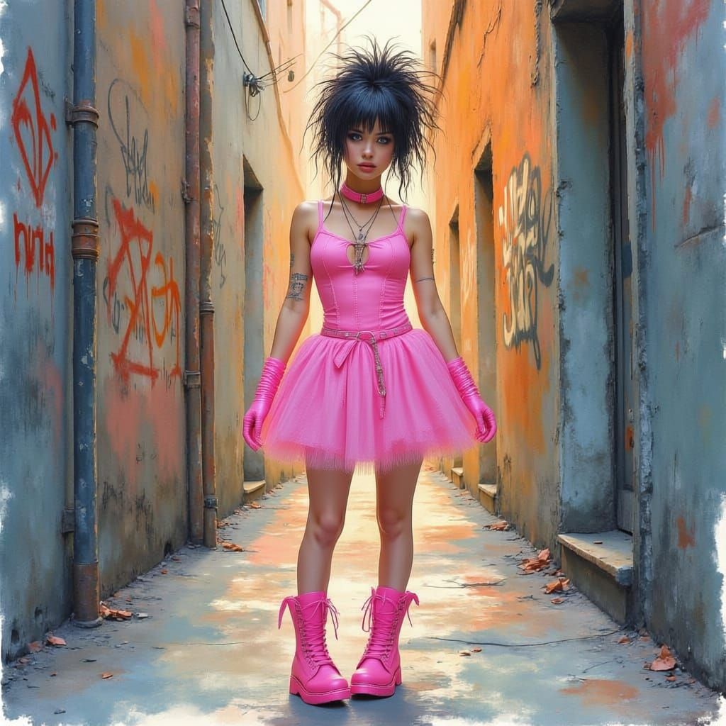 Punk Ballerina in Gritty Alley at Dusk