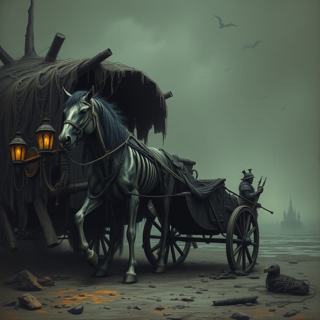 Defleshed Horse Drags Rotten Chariot, Eerie Scene
