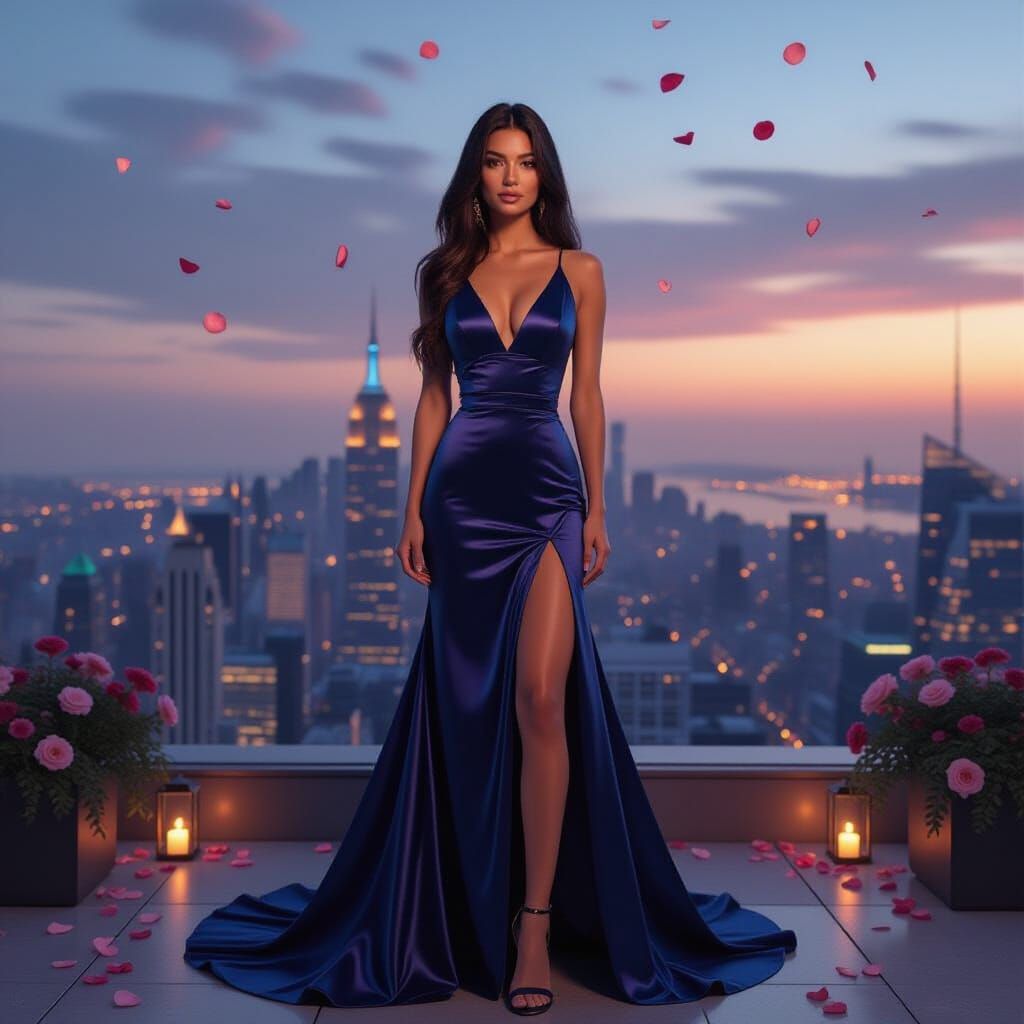 Sapphire Gown on Rooftop Garden at Sunset