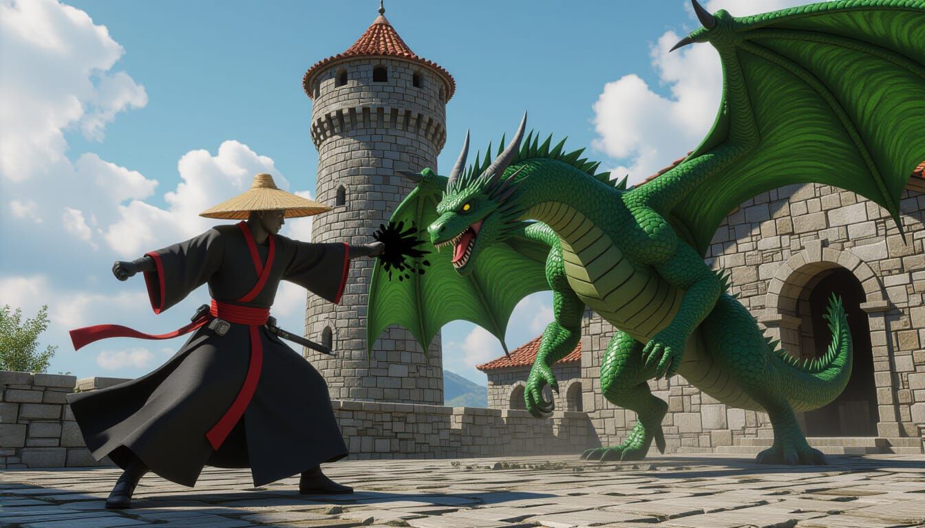 Shadow Monk's Victory Over Dragon in Dark Fantasy Style