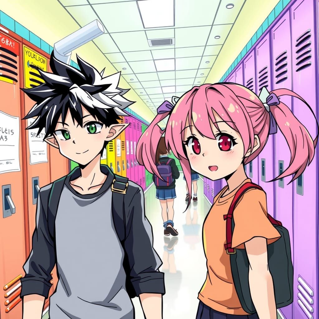 Anime Boy and Girl in School Hallway