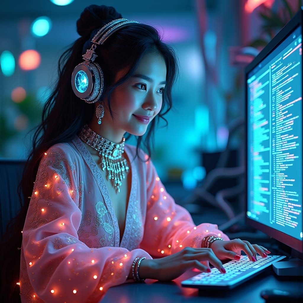 Woman Coding in Futuristic Lab in Neon Art Style