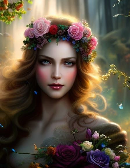 Rose Crowned Princess Picking Flowers as Digital Art