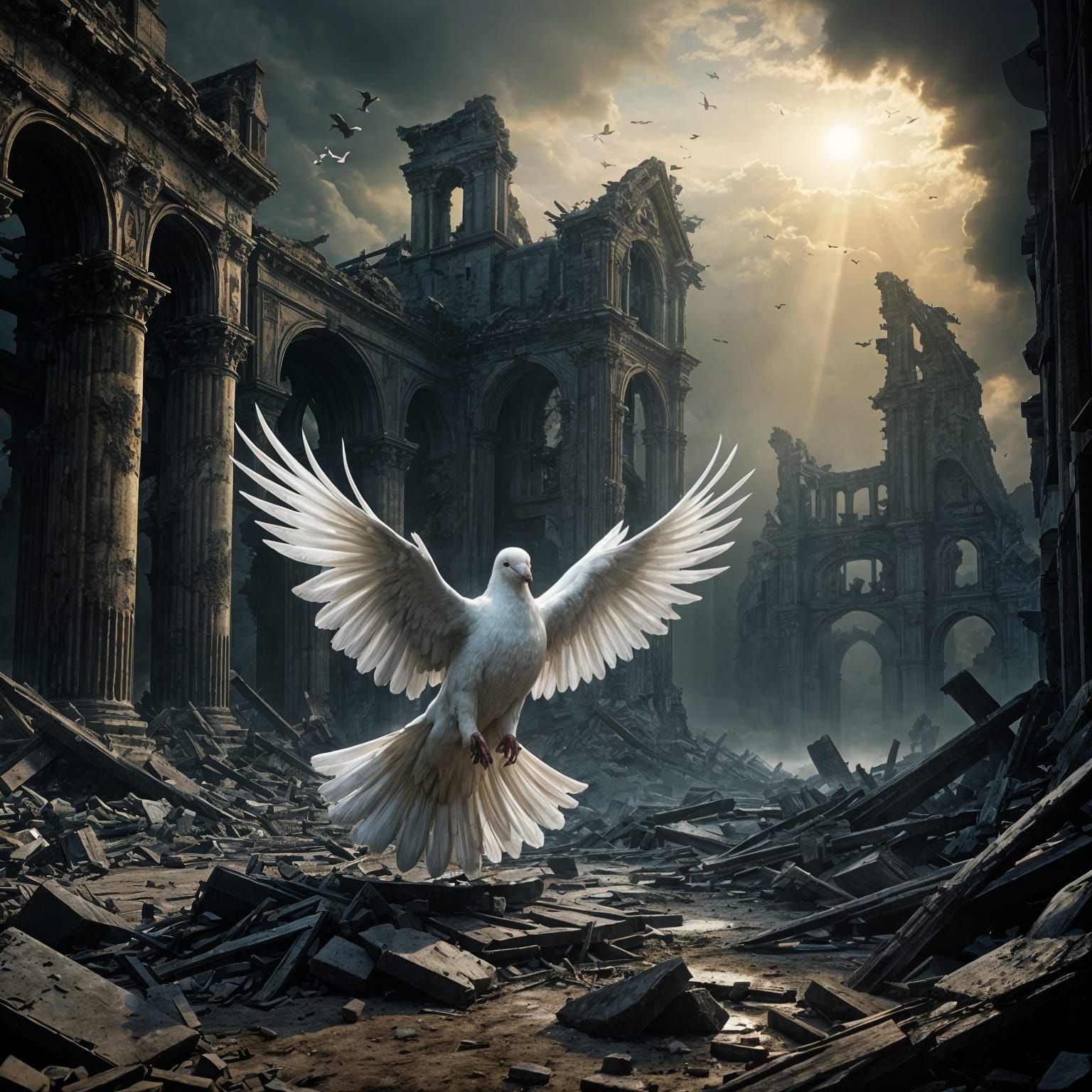 Surreal Dove Soars Above Ruins in Haunting Photorealistic St...
