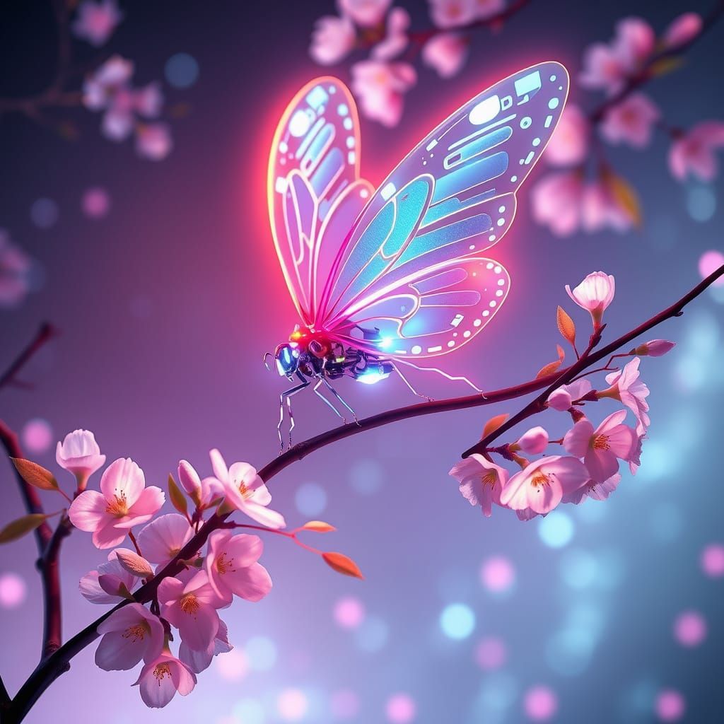 Cyberpunk Butterfly Illuminates Cherry Blossom Branch