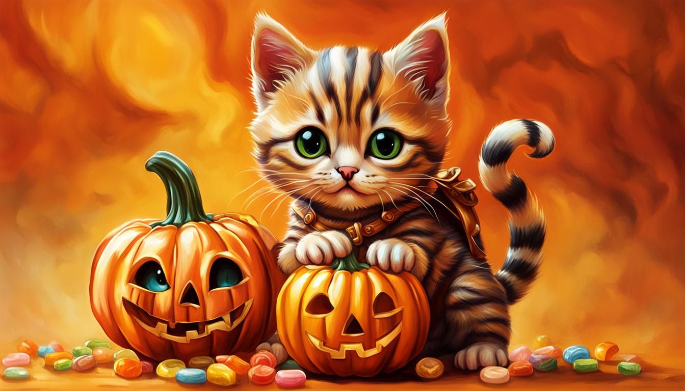 Halloween Kitten with Pumpkin Candy, Goya-Inspired Art