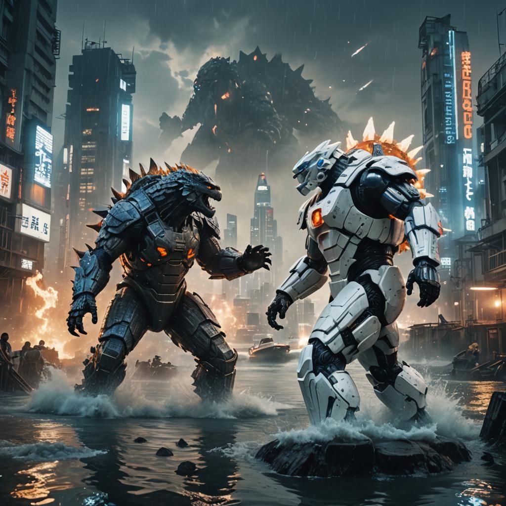 Godzilla and Armored Ape Kaiju Battle in Dystopian Tokyo
