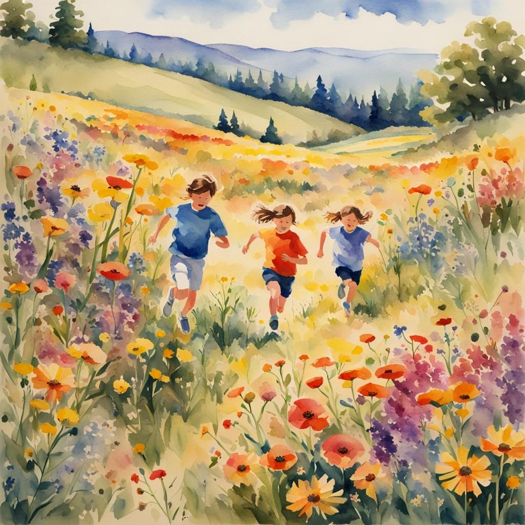 Children in Wildflower Field: Landscape Watercolor