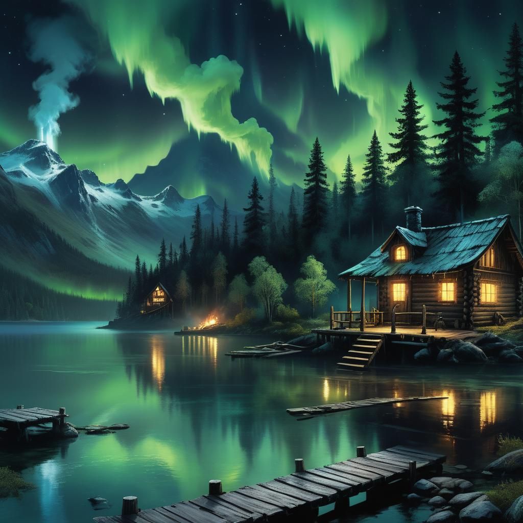 Lakeside Cabin at Night with Northern Lights