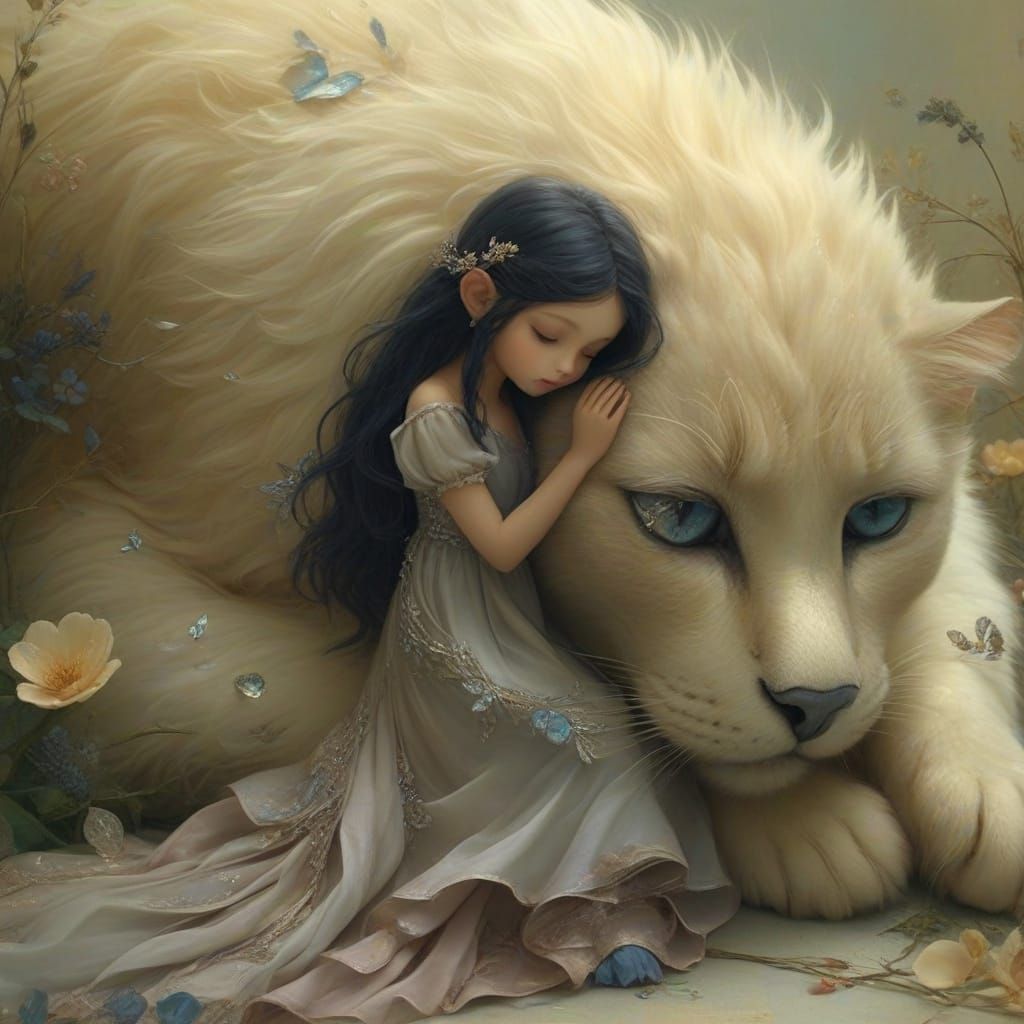Whimsical Surrealist Scene: Ivory Cat and Fairy in Golden Dr...