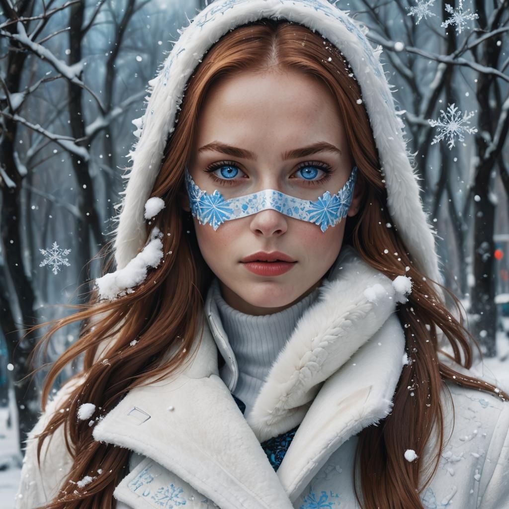Russian Woman with Snowflake Mask: Hyperrealistic Portrait