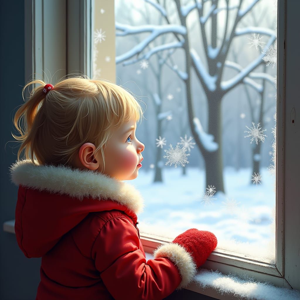 Childhood Wonder: Winter Scene in Impressionist Style