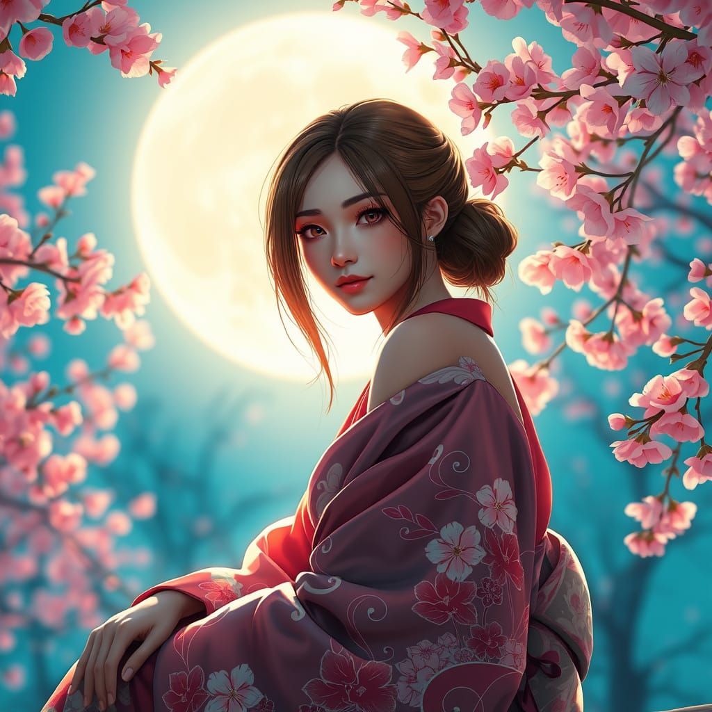 Woman in Kimono Under Moonlight in Dreamy Art Style