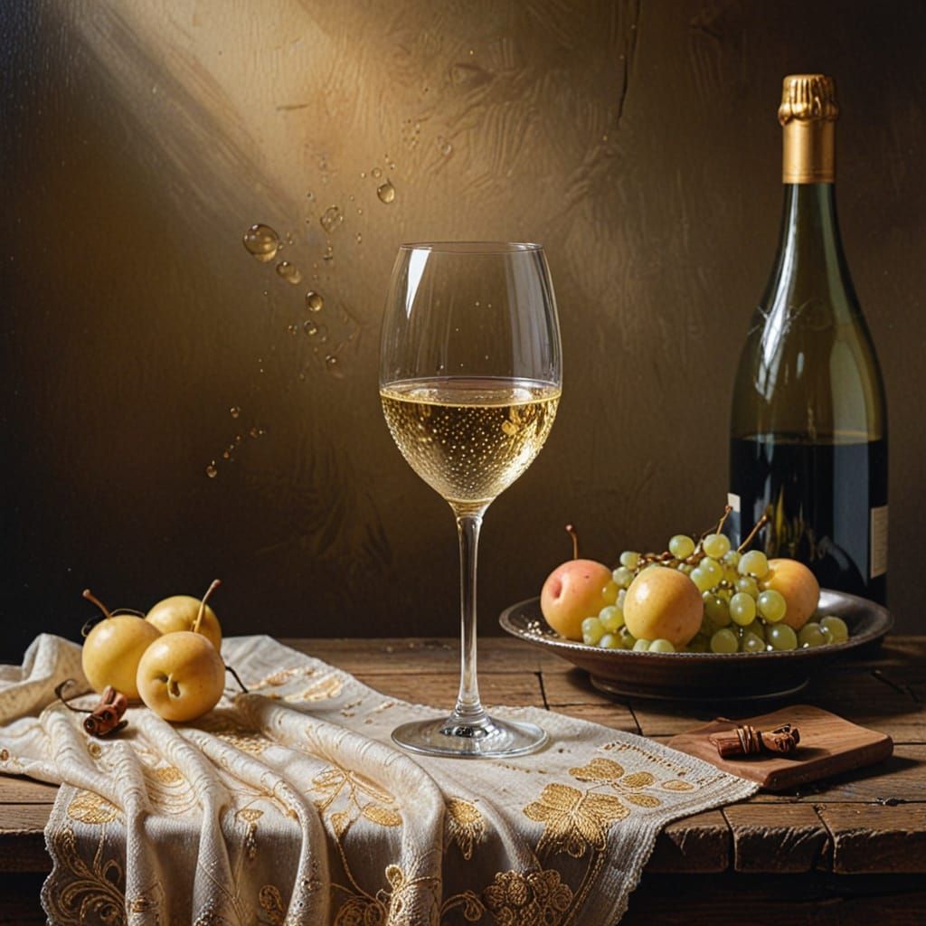 Golden Wine Glass in Sunlit Vineyard, Dutch Masters Style