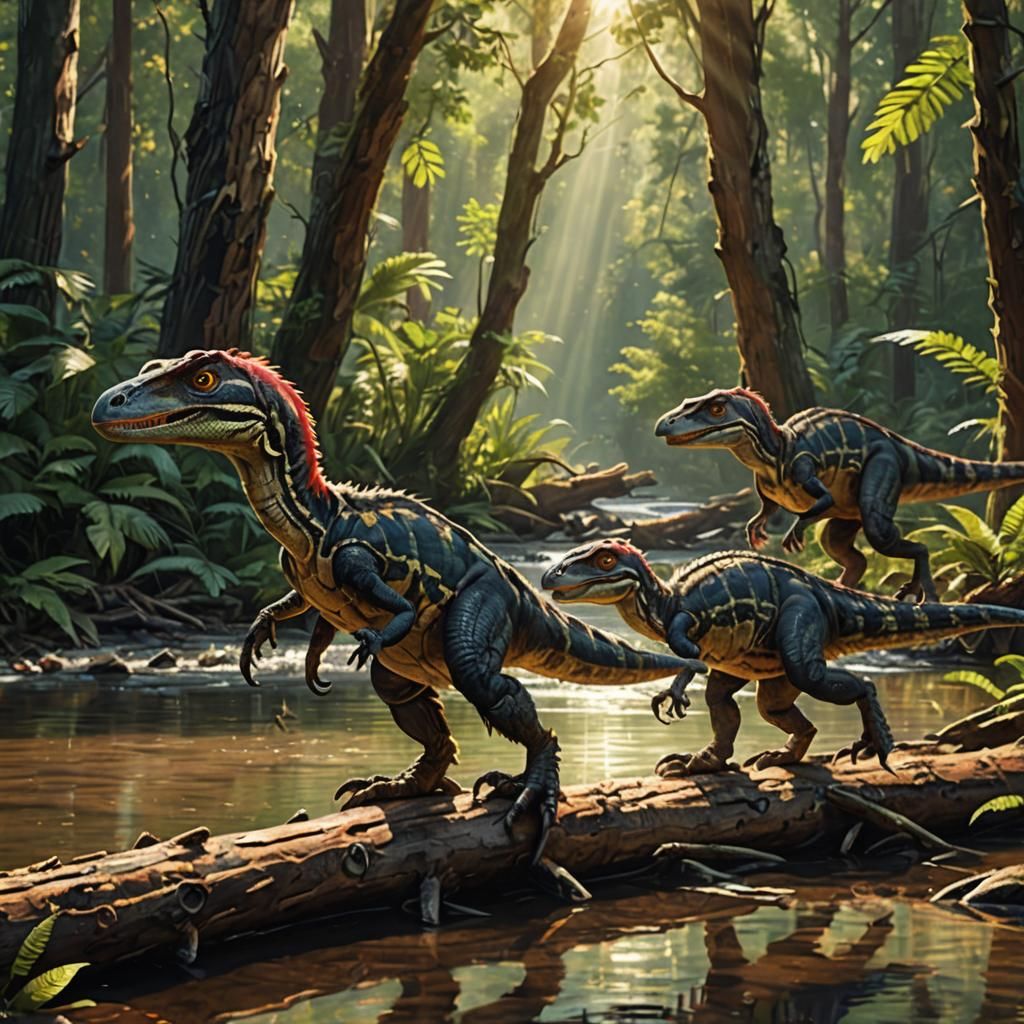 Velociraptors Cross River on Log in Wildlife Art