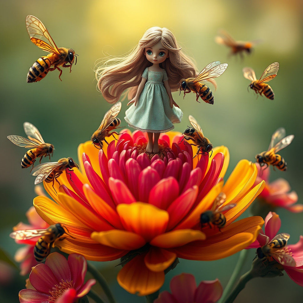 Miniature Woman on Flower with Giant Insects