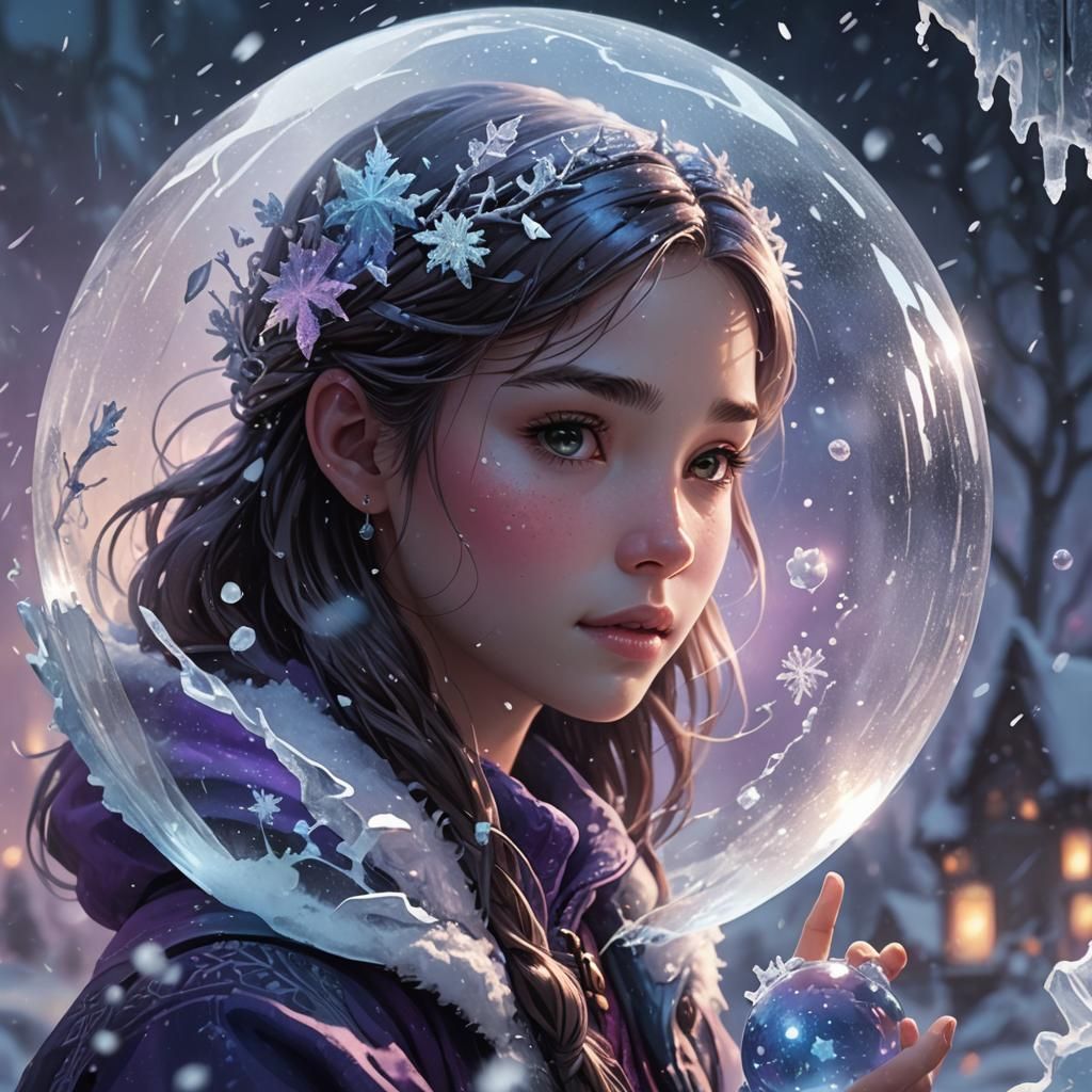 Girl Escapes Snow Globe in Whimsical Art
