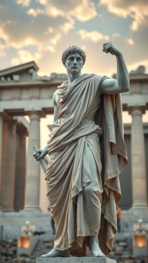 Epic White Marble Greek God Statue in Ancient Roman Temple