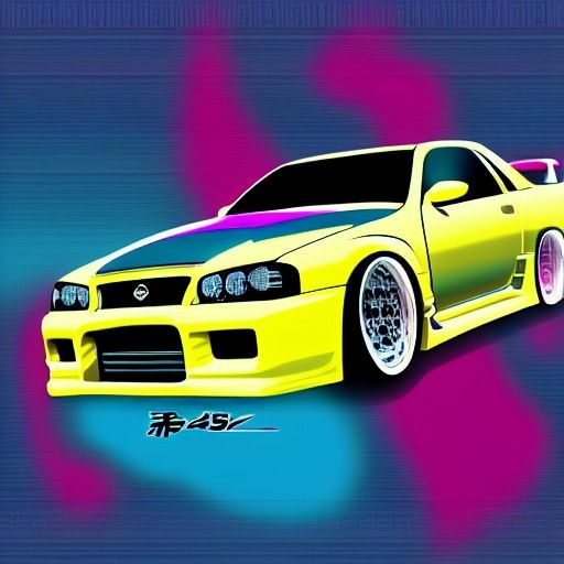 Anime Illustration of a Nissan R34 in Synthwave Style