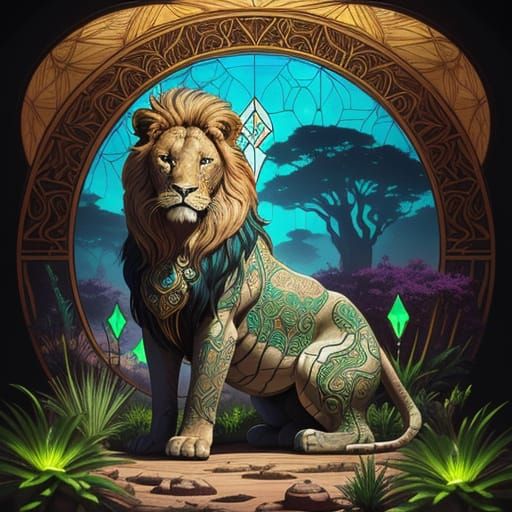 Majestic Lion in Stained Glass Style Over Alien Oasis