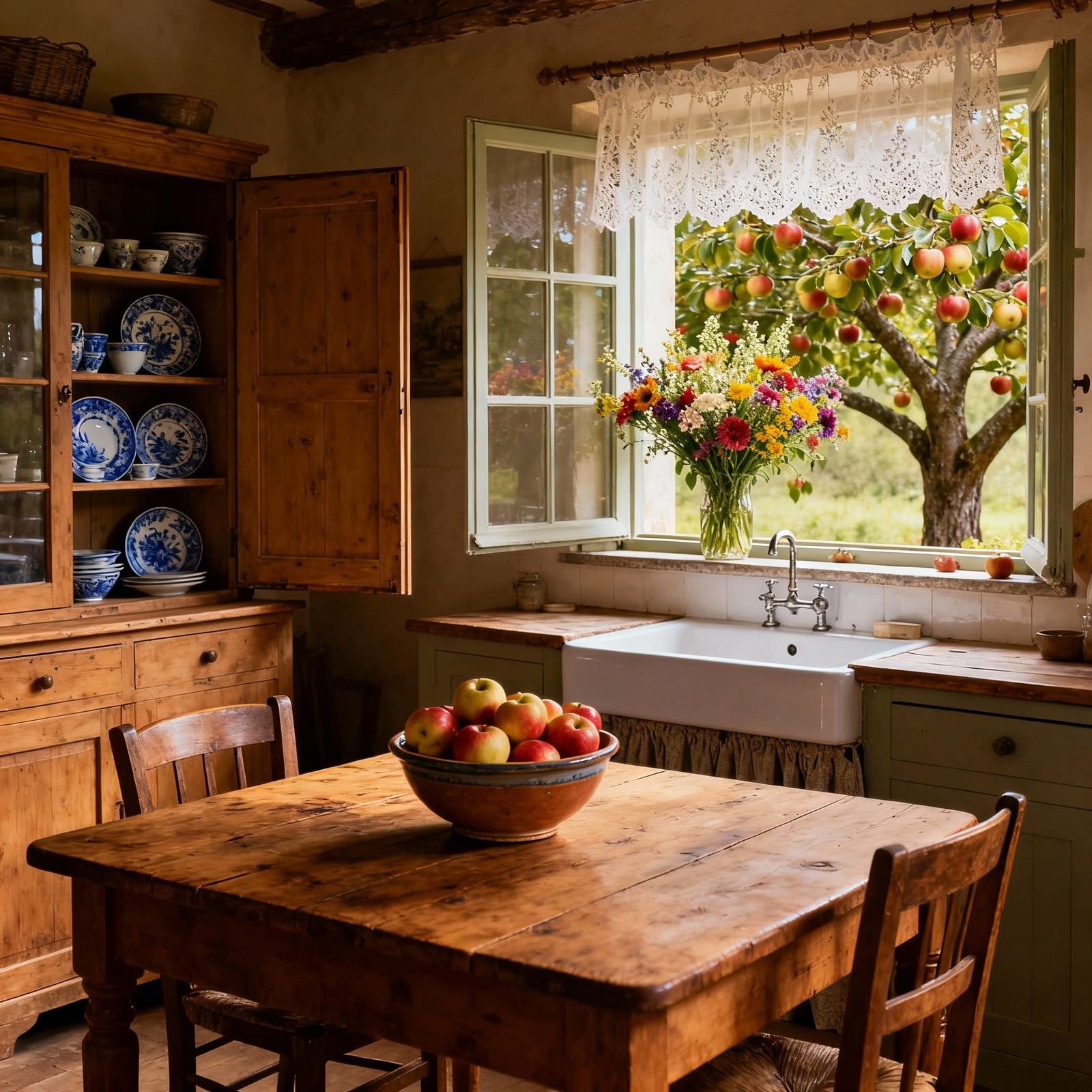 Rustic French Country Kitchen with Apples and Wildflowers