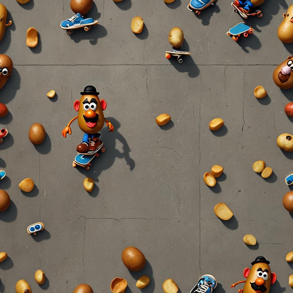 Mr. Potato Head Skateboarding in Hyperrealism