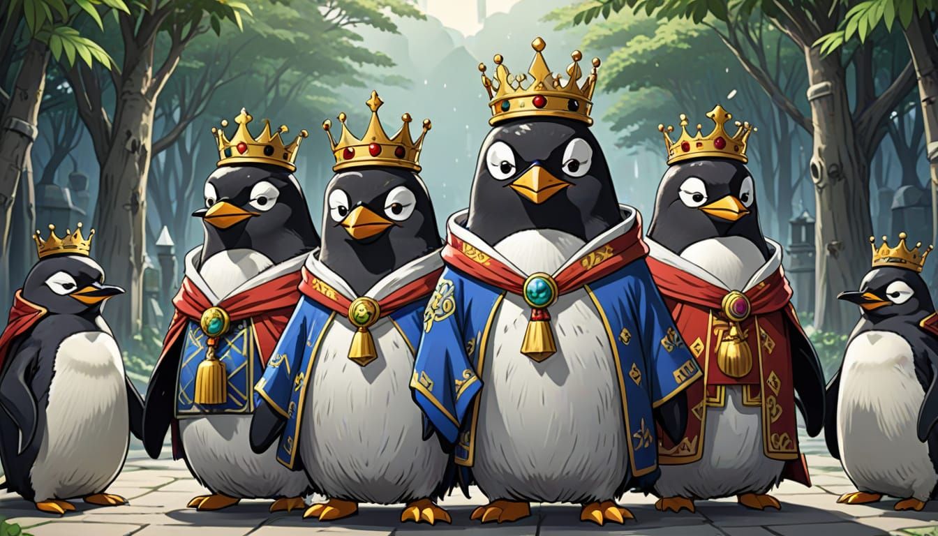 Regal Penguin Royalty in Vibrant Anime Style