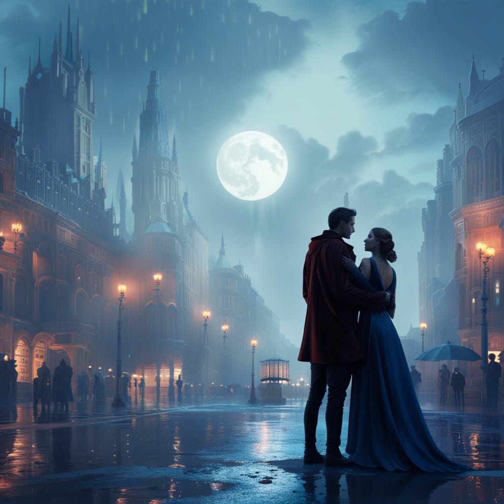 Dreamy Lovers in Moonlight, Detailed Matte Painting