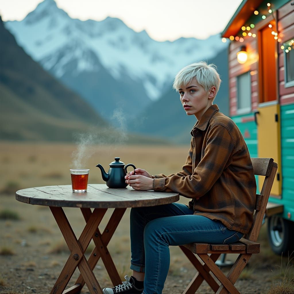 Contemplative Woman in Earth Tones with Mountain Backdrop