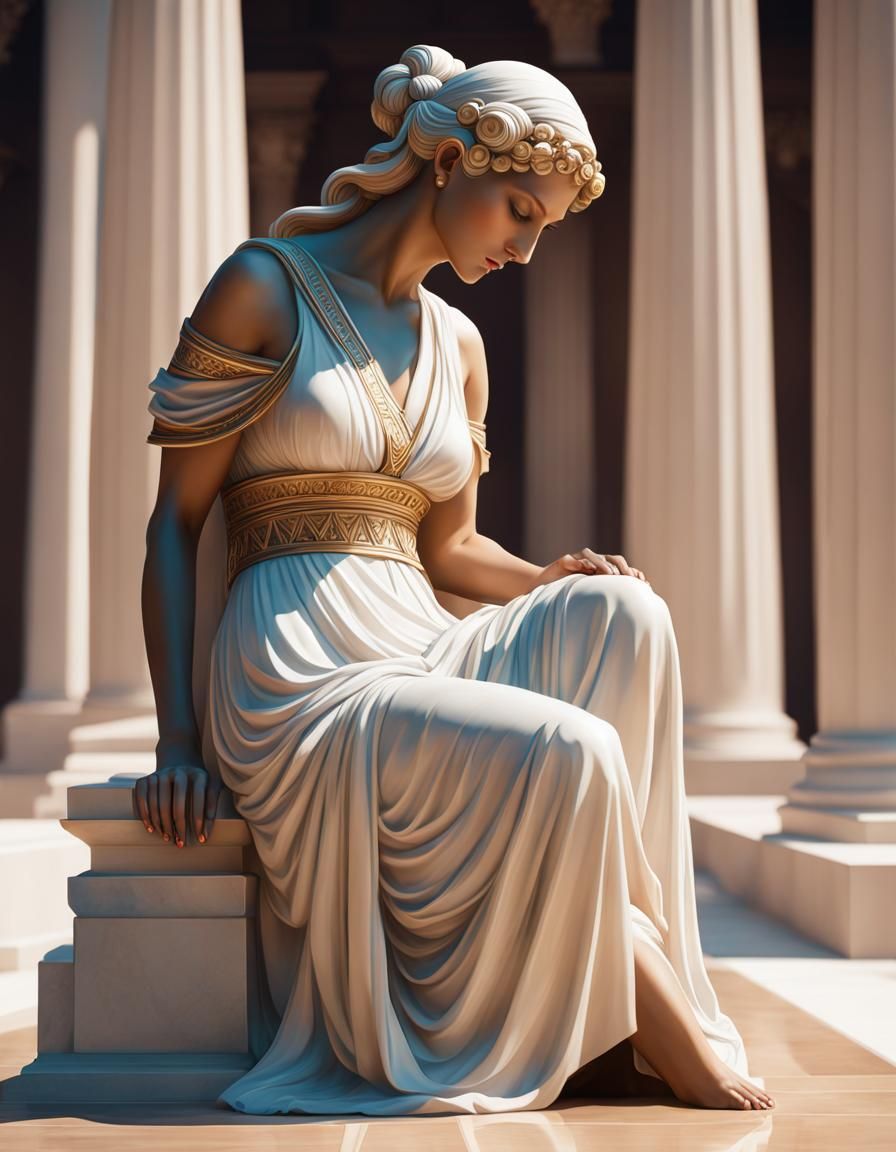 Marble Statue of Crouching Woman in Greek Style