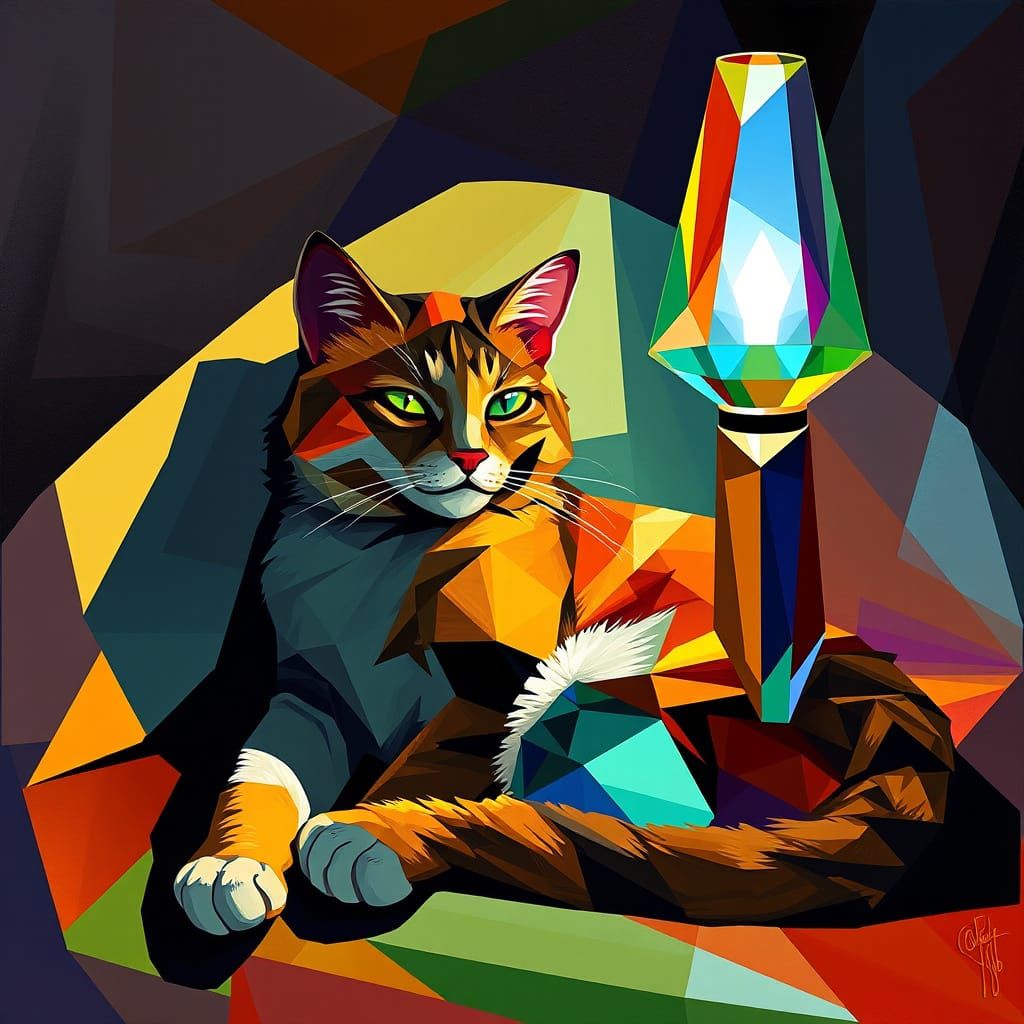 Serene Cat Amidst Art Deco Lamp in Geometric Dreamscape