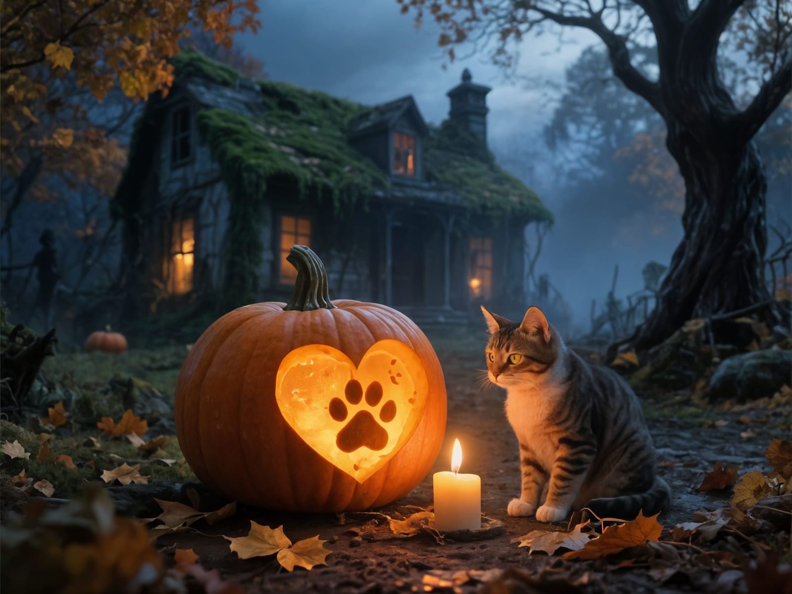 A pumpkin with a candle and Cat...