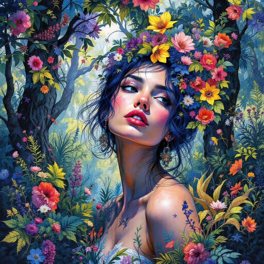 Elegant Forest Goddess in Vibrant Pop Art Style