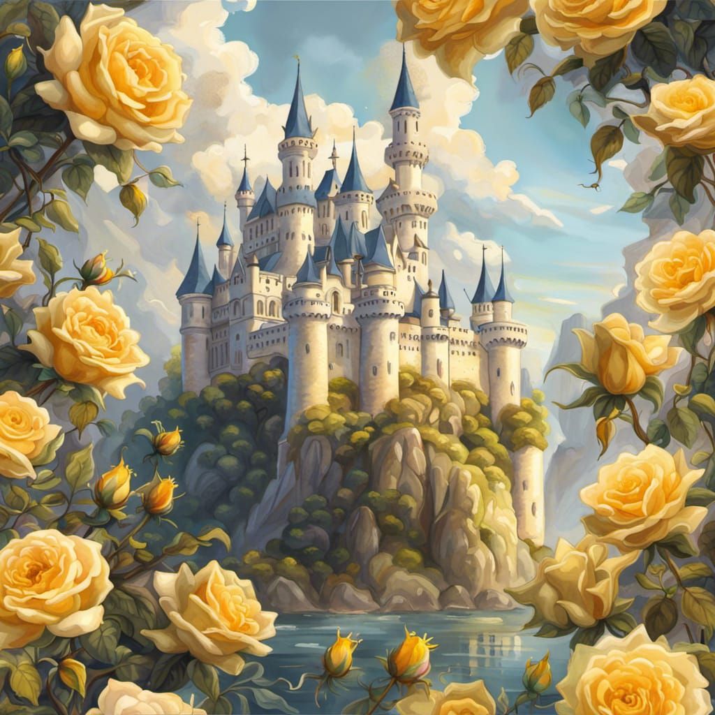 Fairytale Castle Surrounded by Yellow Roses in Gouache Style