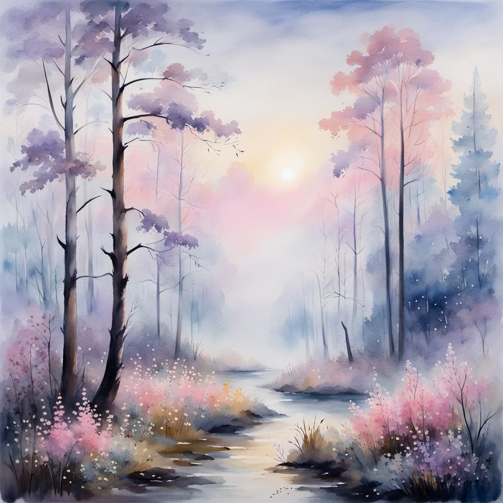 Misty Forest Dusk Watercolor Landscape