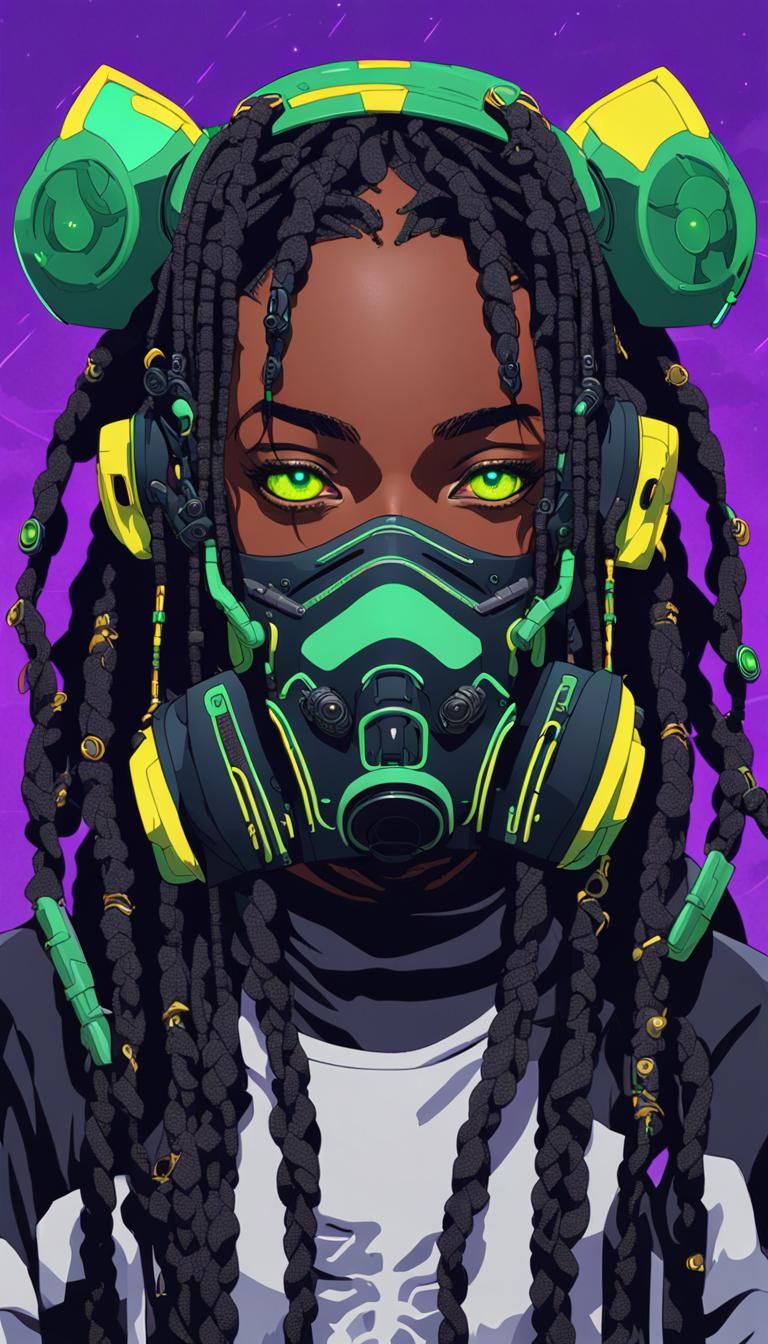 Cyberpunk Woman with Oni Mask in Digital Art Style