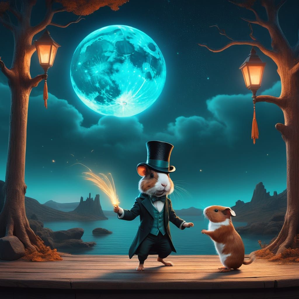 Tap Dancing Canine in Top Hat, with Guinea Pig, Under Starry...