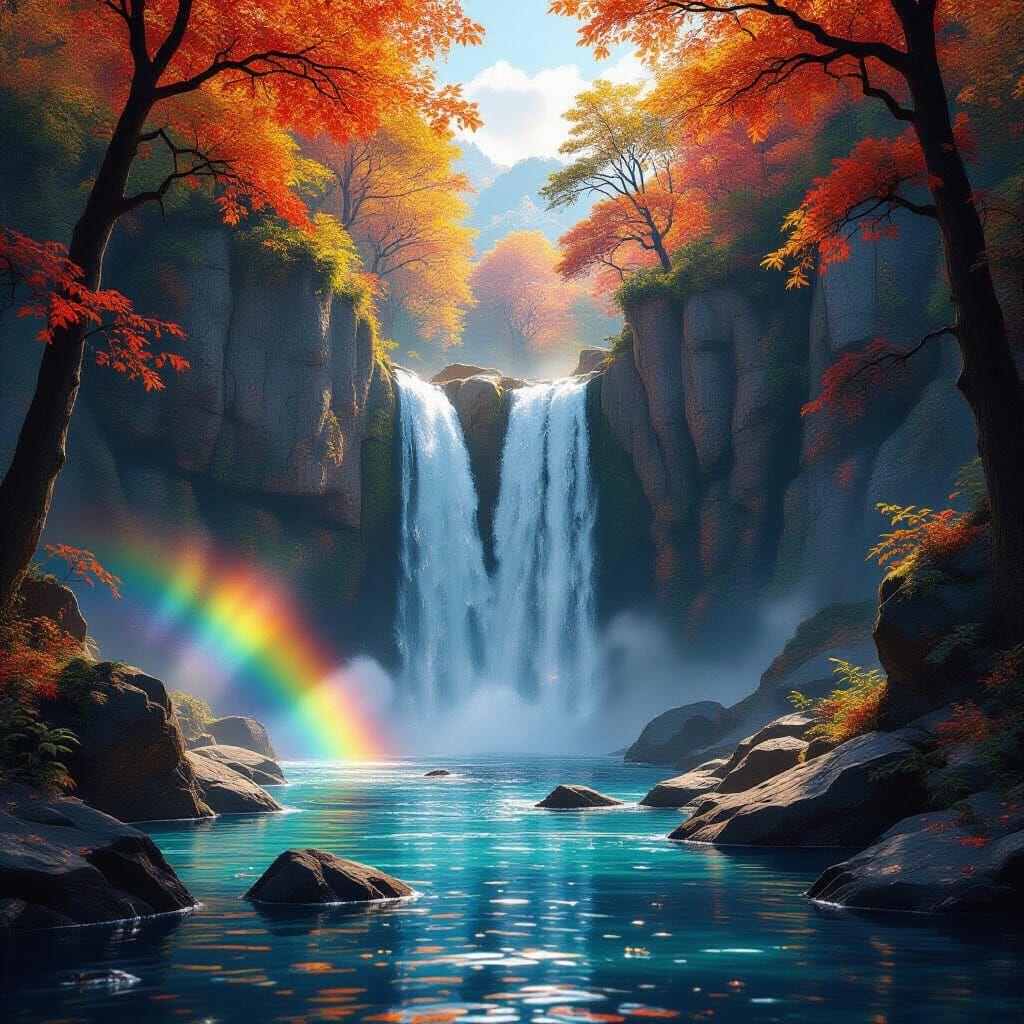 Majestic Waterfall Amidst Autumn Splendor