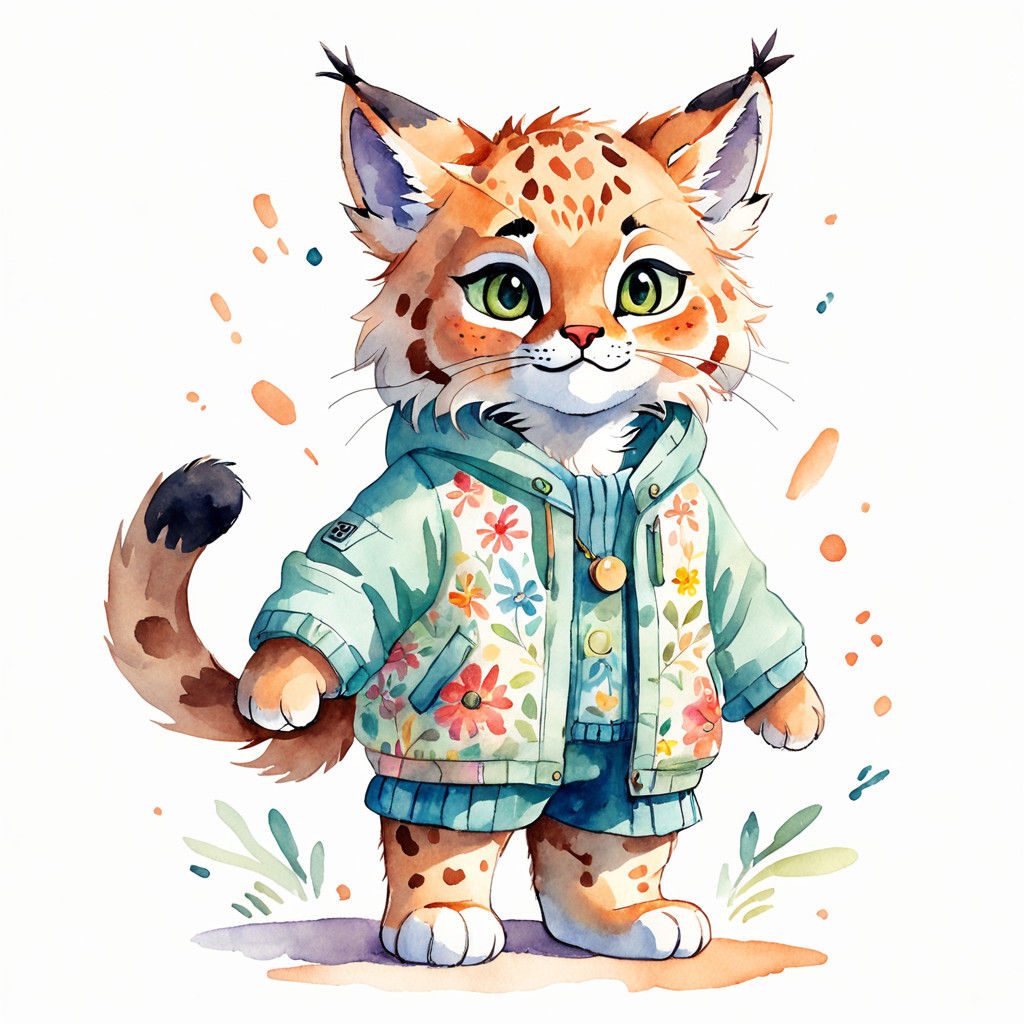 Whimsical Watercolor Portrait of a Lynx Cub in Summer Attire