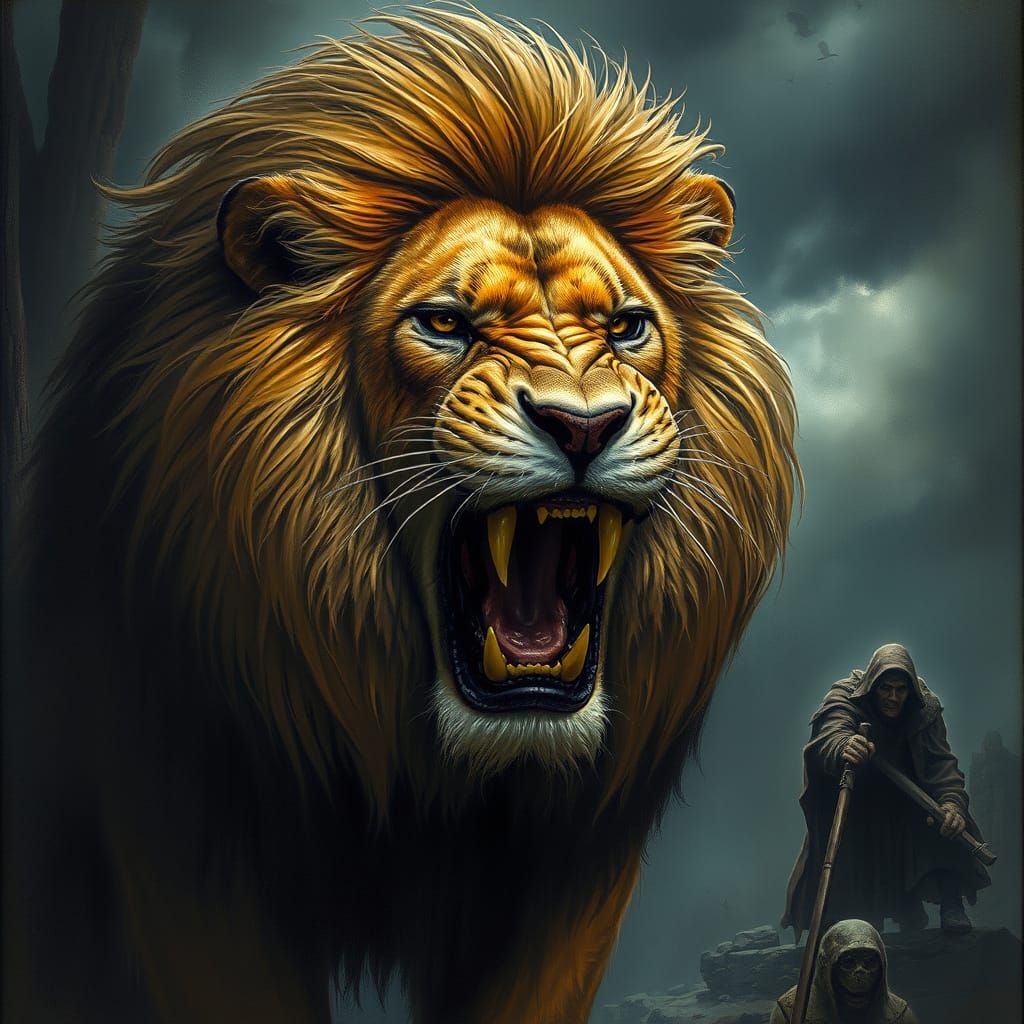 Majestic Lion Roaring in Gritty Dark Style