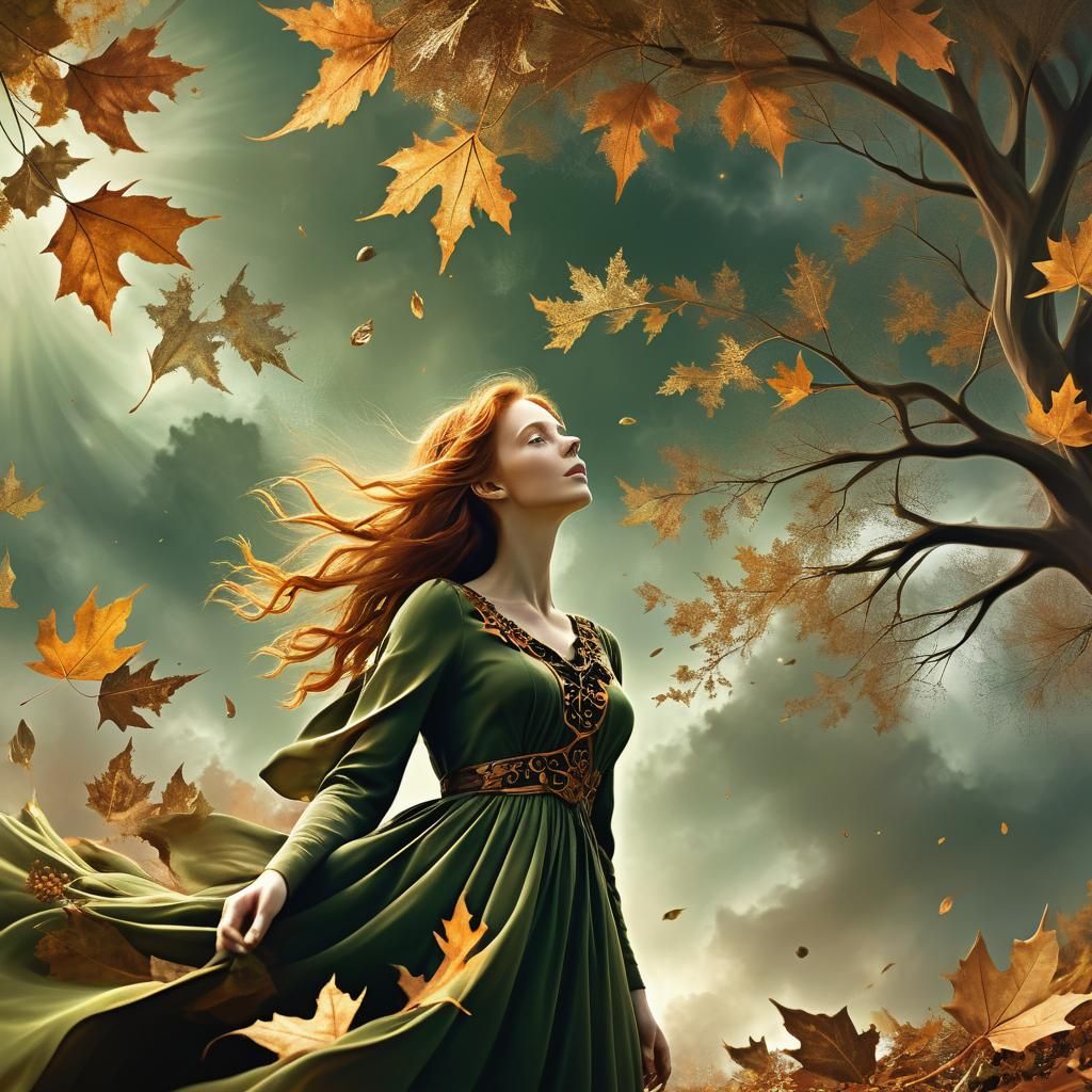 Autumnal Fractal Landscape with Copper-Haired Woman