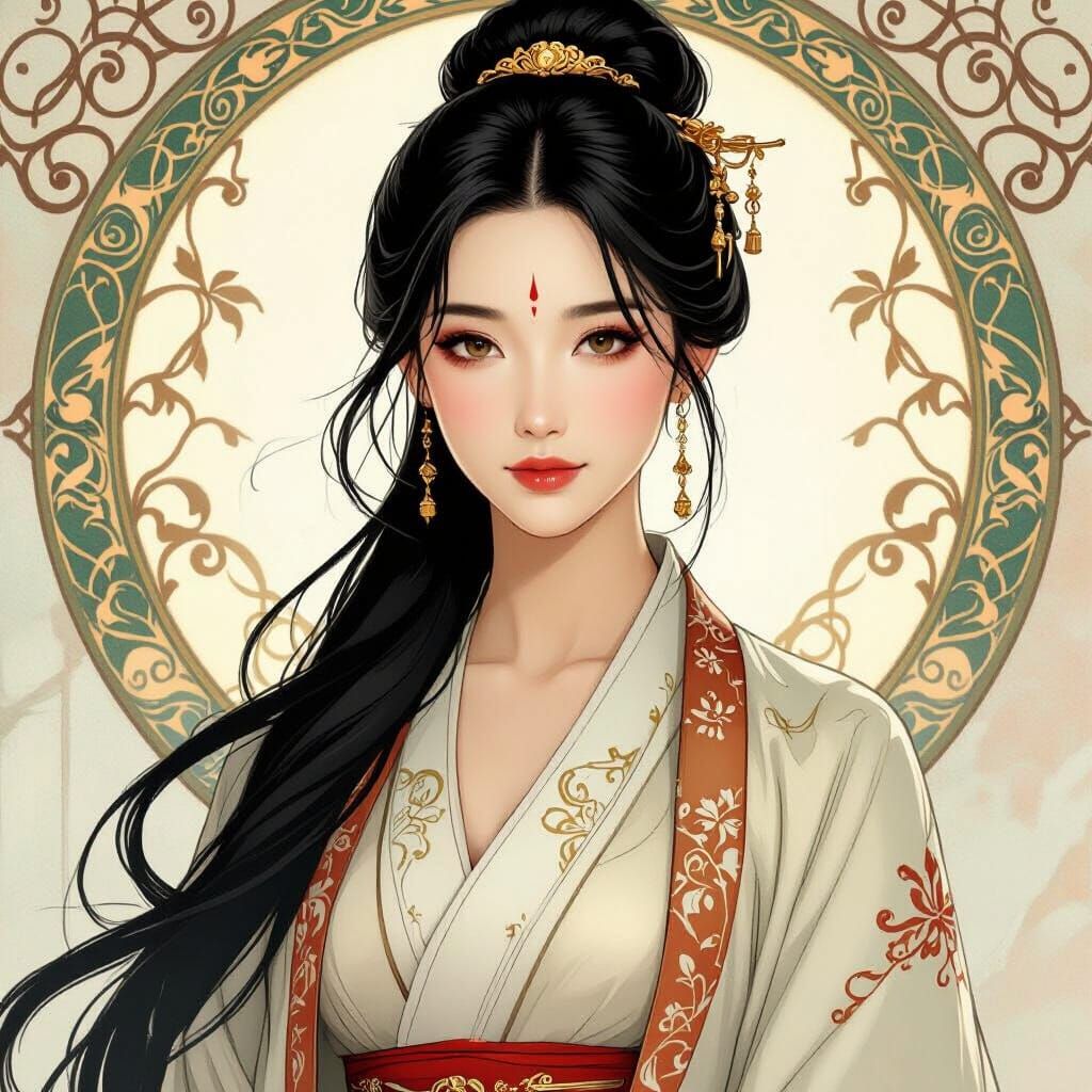 Elegant Woman in Traditional Robes, Art Nouveau Style