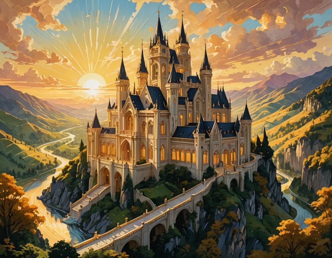 Neo-Gothic Palace Bathed in Golden Light