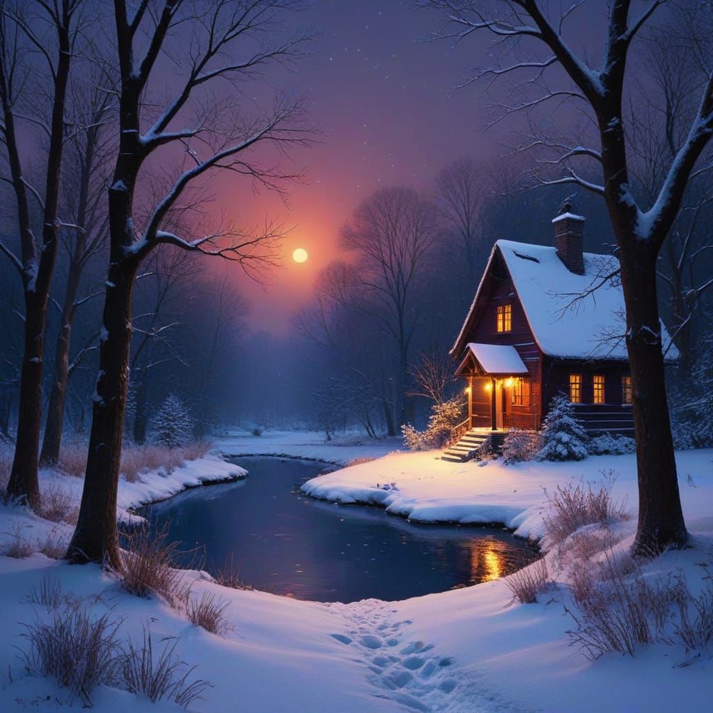 Winter Nighttime Scene with Small Pond Under Heavy Snow