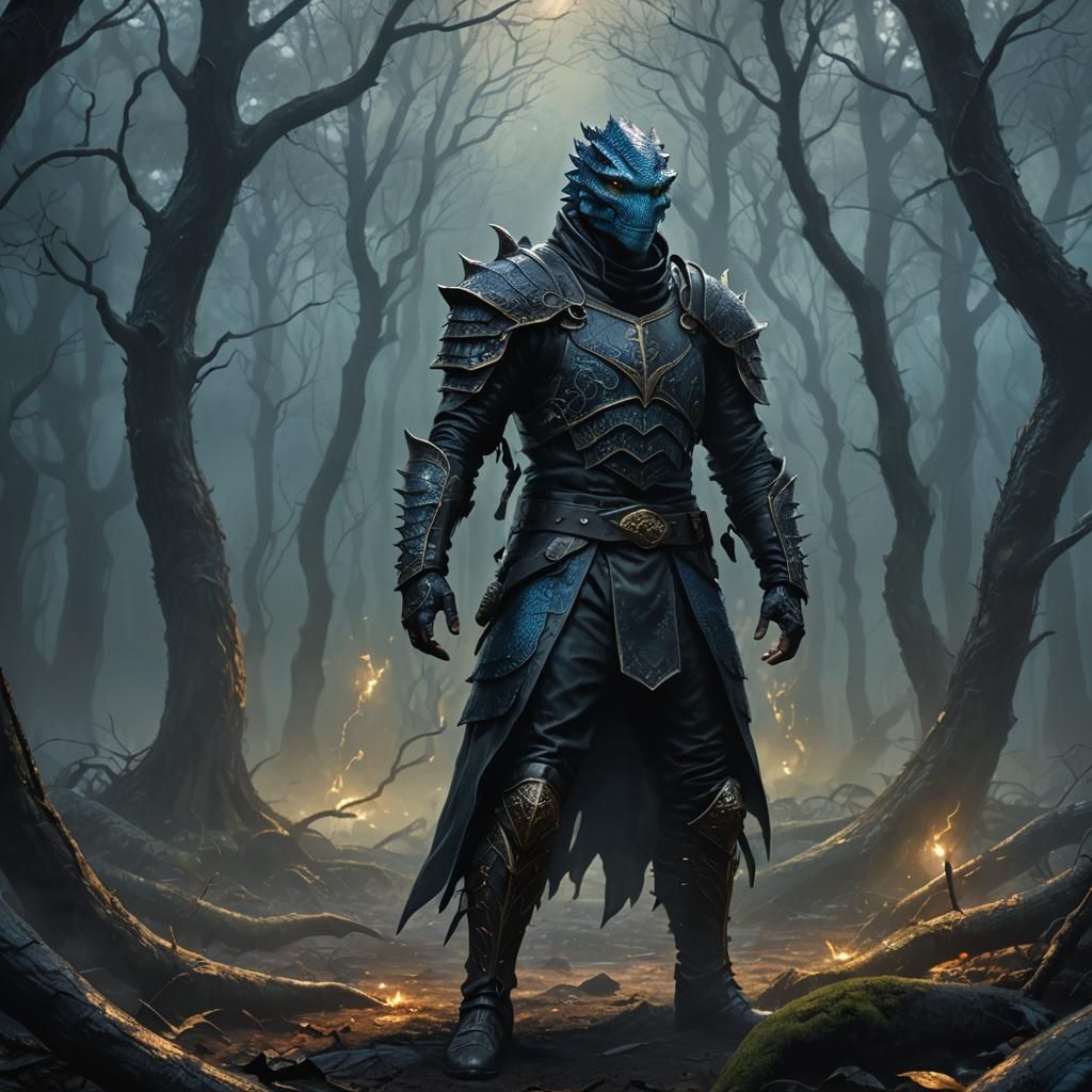Varan-Headed Man in Misty Forest: Dark Fantasy Art