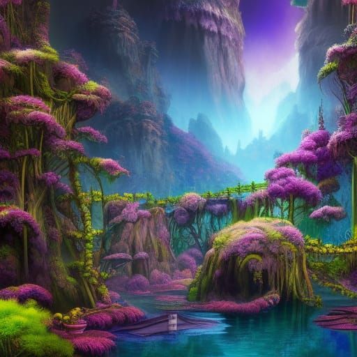 Steampunk Jungle with Sapphire Waterfalls and Purple Moon