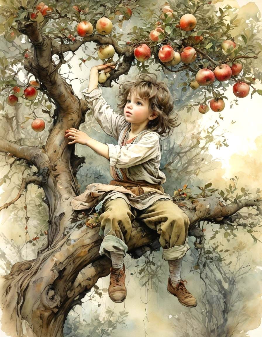 Orphan Girl Climbing Apple Tree: Watercolour Illustration
